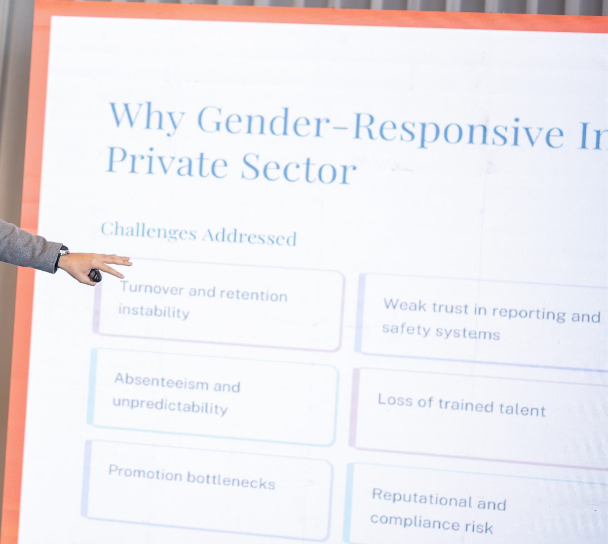 Abdelfattah presenting the business case for gender-responsive investment to a private-sector audience, pointing to the challenges it addresses